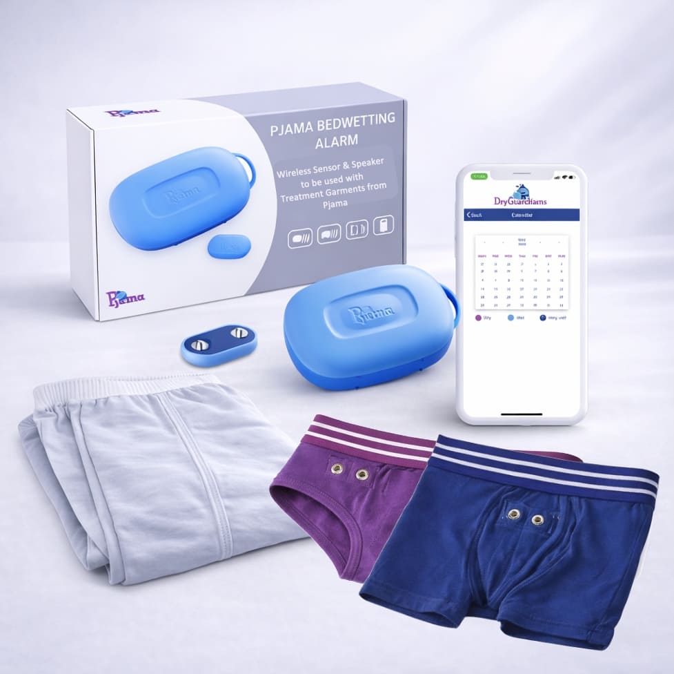 Wireless Pjama bedwetting alarm mixed kit including Pjama bedwetting treatment pants treatment underwear boxers briefs alarm speaker unit sensor DryGuardians app