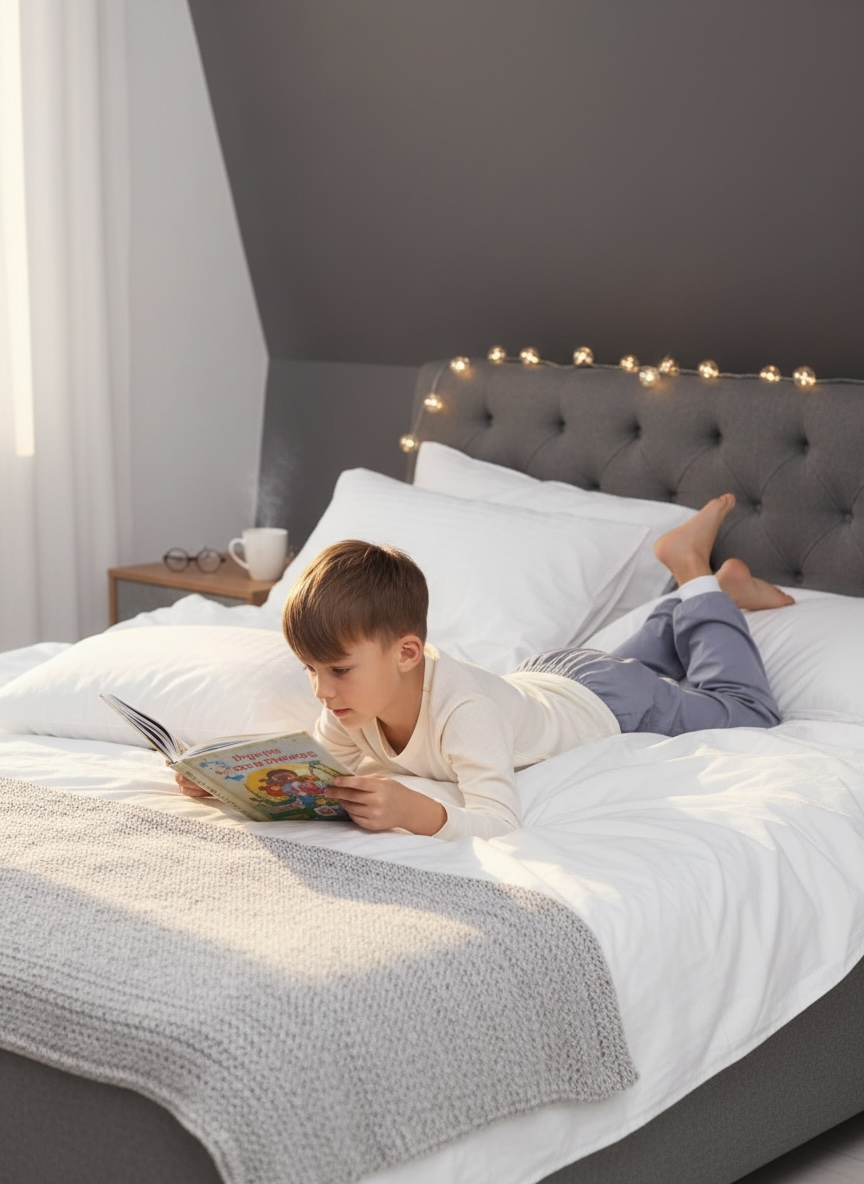 Boy on bed keeping calm before bedtime with his Pjama pants on for confidence and a good night sleep