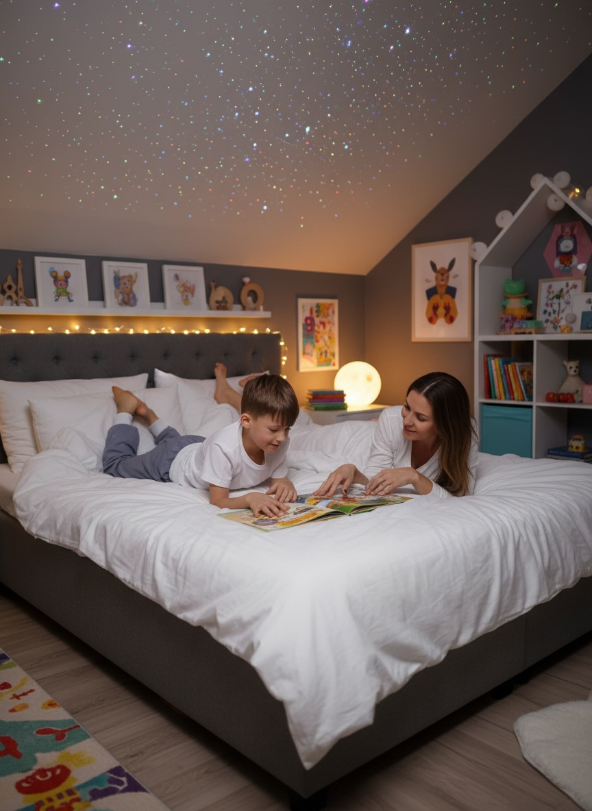 bedwetting 7 years old on bed with mother being confident about bedwetting wearing Pjama pants