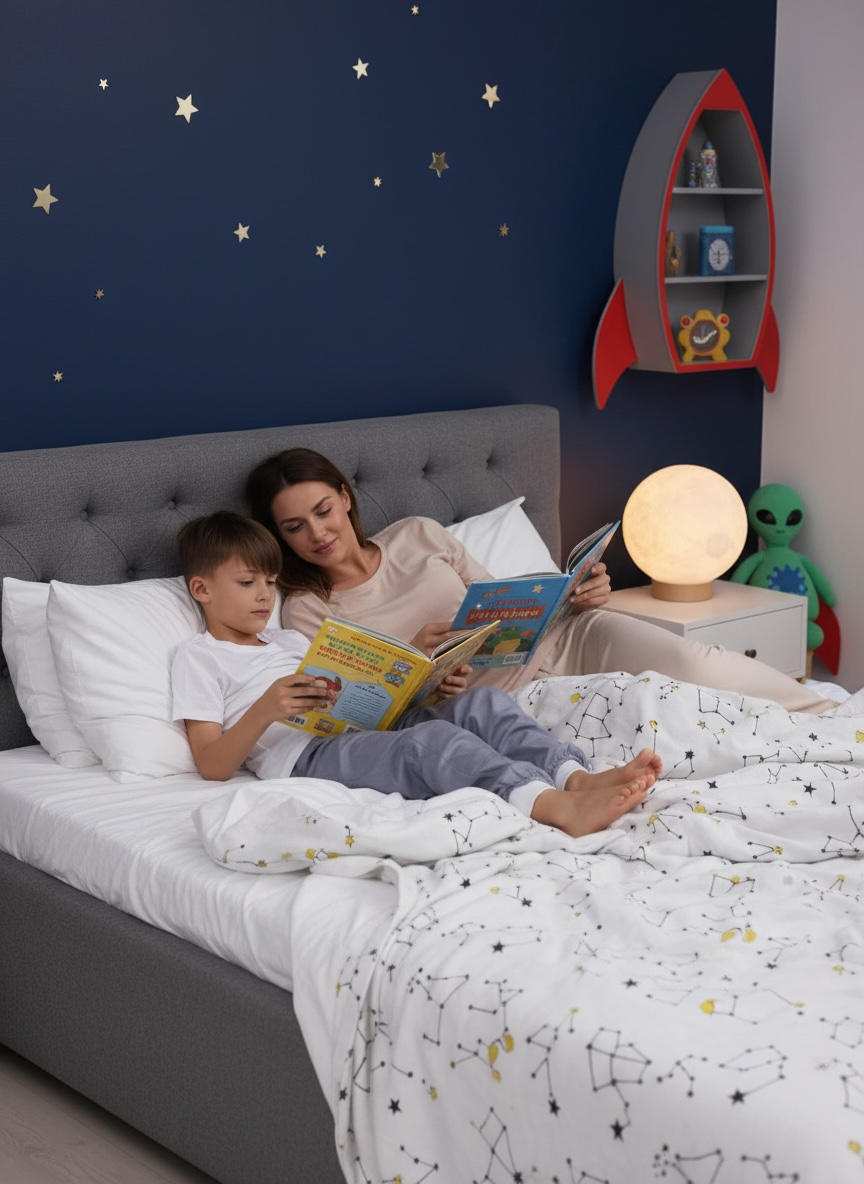 Mother and son reading in bed for child to feel confident and safe about having no bedwetting and wetting the bed
