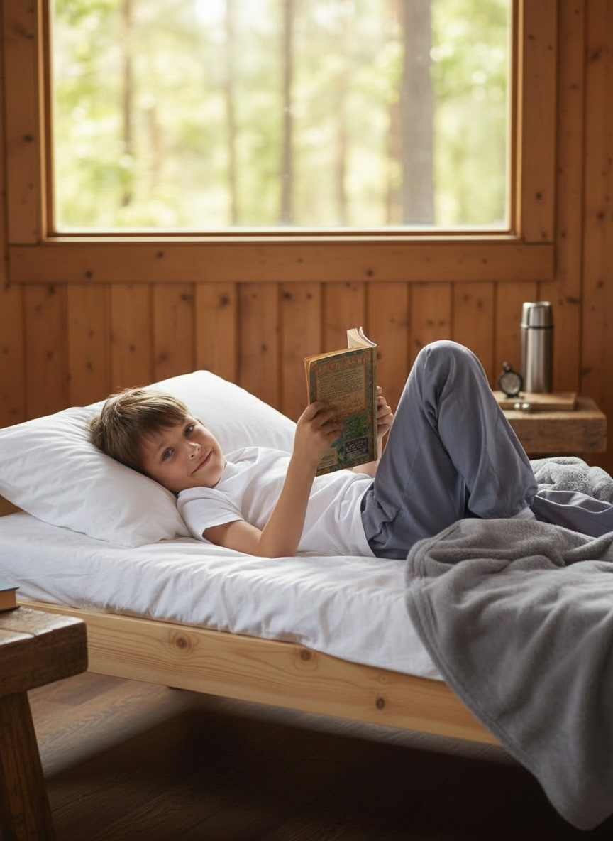 Child smiling during a sleepover camp, wearing comfortable Pjama sleepwear